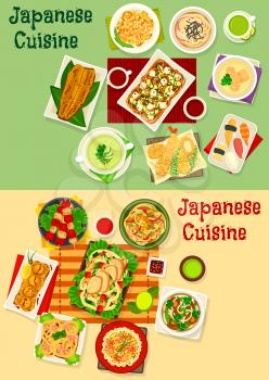 Japanese cuisine menu icon set with seafood rice salad, sushi with shrimp and tuna, grilled fish, meat, vegetable, mushroom soup, noodle with chicken, prawn, bean and tofu, fried liver, shrimp ball