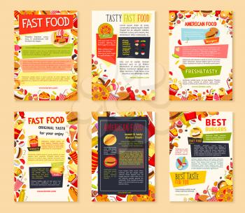 Fast food meal banner template set. Burger, pizza, hot dog, donut, coffee, french fries, soda, ice cream and sandwich cartoon poster with ingredients, sauce for fast food restaurant menu flyer design