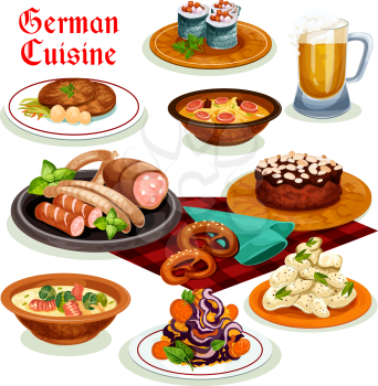 German cuisine traditional beer, sausage and wurst icon, served with potato salad, bacon soup with pretzel, fish roll, pork schnitzel, noodle soup with brussel sprouts, chocolate cake with almond
