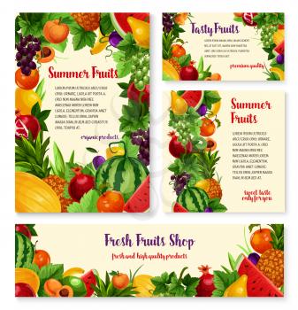 Fruit and fresh berry farm market banners. Apple, lemon and banana, grape, peach, pear and watermelon, pineapple, plum and apricot, melon, pomegranate for grocery shop label, food packaging design