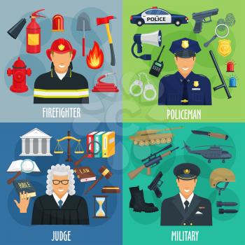 Profession icon set of policeman, firefighter, military and judge. Cartoon men in uniform with tool, equipment, weapon and justice symbols for emergency service and law occupation themes design