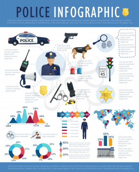 Police infographic template design. Crime, law and justice symbols with graph and chart layout, policeman and police equipment diagram with patrol car, gun, jail, judge gavel, handcuff hand drawn icon