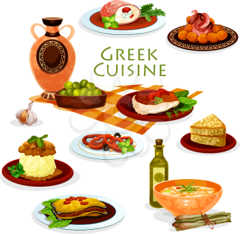 Greek cuisine healthy lunch dishes icon with vegetable casserole moussaka, meat roll with cheese, pickled olives, fried fish and squid rings, falafel, chicken stew, lentil soup and honey cake