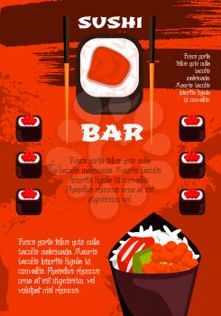 Sushi bar poster template. Japanese cuisine sushi roll and temaki with rice, salmon and tuna fish, seaweed and red caviar, served with chopsticks and sauce banner for asian seafood restaurant design