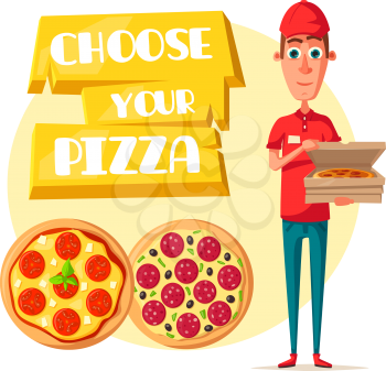 Pizza delivery man cartoon icon. Pizza delivery boy in red uniform holding open box with fast food pepperoni, vegetable and cheese pizza. Italian restaurant food delivery service themes design