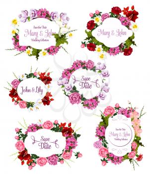Wedding invitation Save the Date floral frame set. Flower bouquet of rose, peony, lily, orchid, narcissus, crocus, phlox, calla with decorative badge and copy space in center for greeting card design