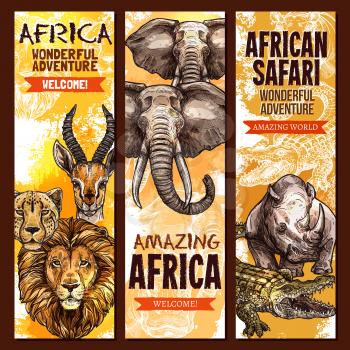 African safari wild animal, outdoor adventure banner set. Elephant, lion, crocodile, alligator, rhino, leopard, jaguar and antelope animal sketch poster for travel agency flyer and tourism design