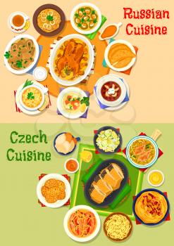 Russian and czech cuisine icon set. Baked meat and fish, vegetable soup and salad, pickled sausage, potato pancake, cabbage roll, mushroom dumpling, jellied fish, meat pie, bacon flatbread, ice cream