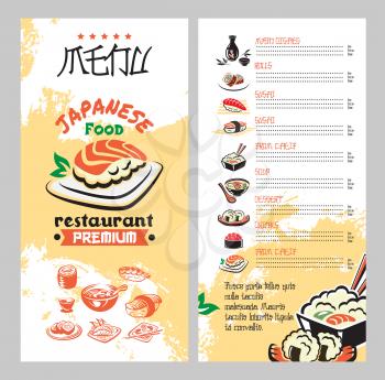 Japanese food for asian cuisine restaurant menu template. Seafood rice, sushi roll with salmon fish, shrimp, red caviar and noodle soup dishes list layout with traditional set of tea and sake drink