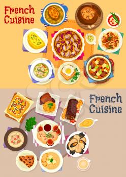 French cuisine dishes for lunch menu icon set. Cheese ham toast, vegetable casserole, seafood soup and stew, chicken and onion cream soup, foie gra, vegetable egg, onion pie, chocolate and prune cake