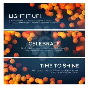Bokeh light banner set. Golden glitter of defocused lights, blurred glow of shining stars and sparkles with copy space festive background design for greeting card and invitation flyer