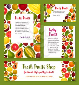 Exotic tropical fruit banner for farm market template with papaya and orange, grapefruit, feijoa, passion fruit, durian, dragon fruit and fig, lychee, mangosteen, rambutan, guava and tamarillo