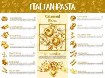 Italian pasta menu template. Italian cuisine restaurant traditional food menu list of pasta served with cheese, vegetable sauce, meat, seafood and fish, adorned by spaghetti, penne, farfalle sketches