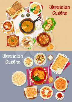 Ukrainian cuisine restaurant dinner icon set. dumpling and beet soup borscht, chicken kiev, vegetable stew with pork and fish, chicken with noodle, potato pie and pancake, donut, cheesecake, meat roll