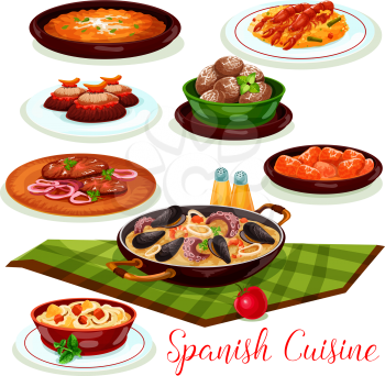 Spanish cuisine traditional seafood paella cartoon icon, served with mussel and shrimp, vegetable tortilla, chicken stewed in chilli tomato sauce, beef steak, baked potato and pork stew