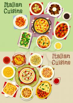 Italian cuisine pasta dishes icon set. Spaghetti with cheese, tomato and anchovy, lasagna with seafood and spinach, tomato soup, vegetable meat stew, ham pie, cream dessert, meat dumpling soup