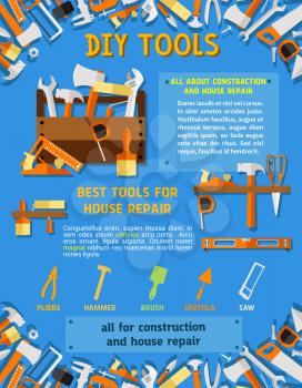 House repair tool and carpentry equipment sketch poster template. Hammer, pliers, paint brush, trowel, axe, tape measure, jack plane and vice, hand tool banner for hardware store and DIY themes design
