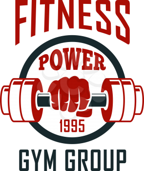 Gym isolated emblem with dumbbell in arm. Fitness sport club badge of bodybuilder with iron barbell for powerlifting and weightlifting competition, health and sport themes design
