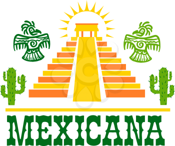 Mexican food isolated icon of national cuisine restaurant. Aztec pyramid temple symbol with cactus, sun and ancient maya bird, adorned by ethnic ornament for mexican fast food restaurant design