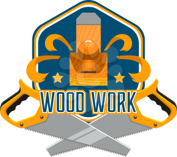 Tool for woodworking isolated badge with saw and jack plane. Work instrument of carpenter symbol for woodshop emblem, carpentry and home repair service themes design