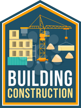 Construction company symbol of building site with crane, construction material and panel house. Home building, architecture and planning work themes design