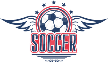 Soccer game isolated symbol with football sport ball. Winged soccer ball icon, decorated with star for football club emblem or soccer sport team badge design
