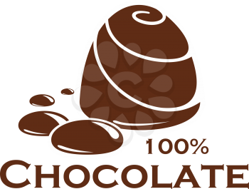 Chocolate icon of sweet dessert food. Dark chocolate candy with melted chocolate drops brown symbol for cocoa dessert label, sweet shop and confectionery product packaging label design