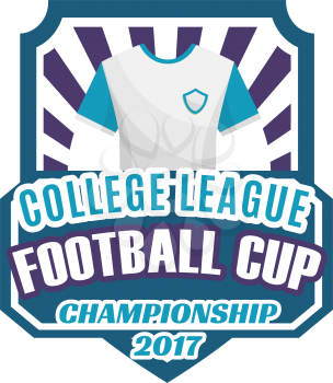 Football or soccer sport game label of college league championship. Soccer team shirt or football uniforms on shield for soccer sport game match or tournament design