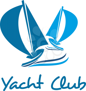 Sailing ship and sail boat icon of sailing sport and yacht club emblem. Yacht sailing under full sails on ocean wave isolated nautical symbol. Sea travel or cruise and regatta races badge design