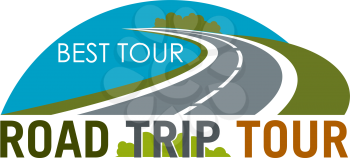 Road trip tour symbol with coastal highway. Car travel isolated icon with road or freeway for travel agency emblem, transportation service badge, tourism and outdoor adventure themes design