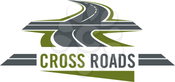 Cross road symbol with winding highway and cross ways. Speed freeway with asphalt road intersection isolated icon for transportation service emblem or car travel design