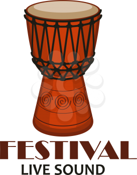 Live music concert symbol with drum. Percussion musical instrument of african djembe isolated icon for folk music festival event emblem, ethnic musical instrument themes design