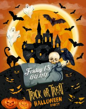 Halloween horror party poster of october holiday celebration. Spooky ghost and bat flying around creepy house banner template, decorated with Halloween pumpkin lantern and skull, black cat and crow