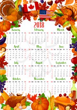 Calendar template with Thanksgiving Day holiday frame. Autumn harvest celebration year calendar design with turkey, pumpkin and corn, cornucopia with vegetable and fruit, fallen leaf and pie border
