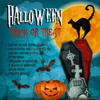 Halloween trick or treat celebration or horror night holiday greeting poster or card template. Vector Halloween pumpkin, zombie deadman in coffin on graveyard, black witch cat and bats in moonlight