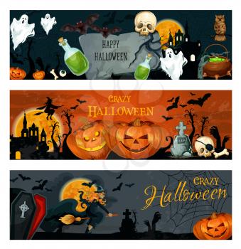 Halloween greeting banner for spooky october holiday celebration. Halloween pumpkin, horror ghost and bat, fear witch and skeleton skull poster with night sky, orange moon and house on background