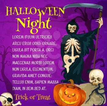 Halloween holiday trick or treat night poster. Halloween pumpkin lantern and grim reaper or death in hooded cape banner template with spooky skeleton skull on grave stone for horror party design