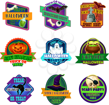 Halloween trick or treat party holiday icons. Vector greeting set of magic potion cauldron, zombie eye and hand or spooky ghost on cemetery, Halloween pumpkin lantern and witch hat or black cat