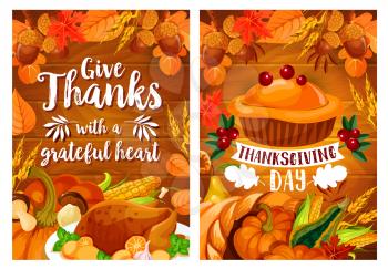 Thanksgiving Day dinner poster set with turkey and pie on wooden background. Autumn harvest holiday pumpkin pie, roasted turkey, cornucopia with corn vegetable and fruit, fall leaf, mushroom and corn