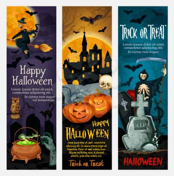 Happy Halloween holiday banner set. Flying bat and witch, horror pumpkin lantern and skeleton skull, spooky ghost house, cemetery or graveyard with tomb stone for Halloween greeting card design
