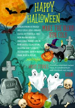 Halloween night celebration banner of october holiday greeting card. Spooky ghost and pumpkin lantern on night cemetery with bat, gravestone, horror skeleton skull, witch hat and cat poster design