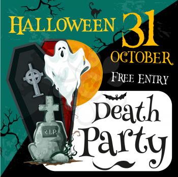 Halloween death party invitation poster or flyer template for trick or treat 31 October holiday celebration. Vector Halloween design of coffin and tombstone on cemetery, spooky ghost, black cat or bat