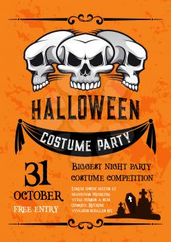 Halloween scary skull banner for costume party template. Spooky skeleton skull and cemetery grave poster with ribbon banner for Halloween night celebration and horror party invitation card design