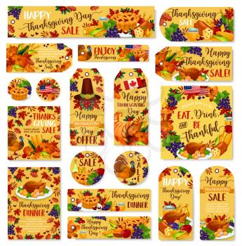 Thanksgiving day sale label and greeting poster or card. Vector set of turkey and fruit pie, pumpkin or berry fruit and vegetable harvest in Thanksgiving cornucopia, maple leaf and oak acorn