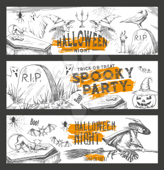 Halloween spooky party sketch banners for trick or treat horror night holiday celebration design. Vector Halloween pumpkin lantern, skeleton skull or witch, crow and black cat and grave tomb