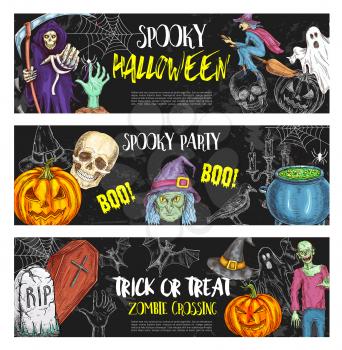 Halloween party sketch banners for holiday trick or treat greeting or invitation design template. Vector pumpkin lantern, dead zombie skull or witch and Halloween spooky potion cauldron on grave