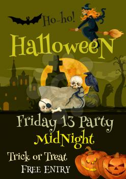 Halloween Friday 13 scary party night invitation poster or flyer for trick or treat holiday celebration. Halloween pumpkin or zombie skull, coffin on graveyard and witch vector design template