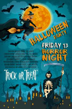 Halloween trick or treat and Friday 13 horror night party poster or invitation card template. Vector design of Halloween pumpkin, witch in moonlight and tomb on black graveyard with bat and spider web