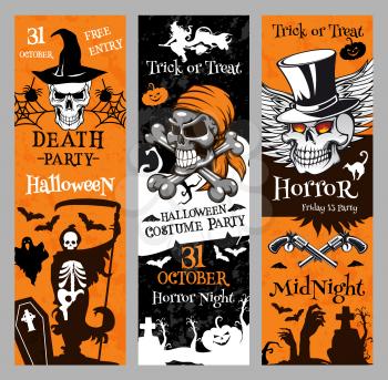 Halloween party night banners templates for 31 October spooky traditional trick or treat holiday celebration. Vector horror design of Halloween pumpkin lantern, skull or witch and black cat on grave