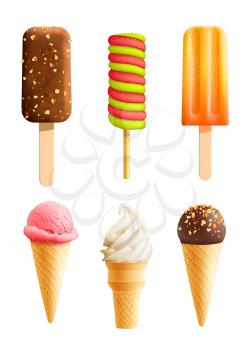 Ice cream 3D realistic icons. Vector frozen fruit and dairy desserts ice scoops in wafer or waffle cones, sundae in chocolate glaze with nuts, soft cream or sorbet and eskimo for gelateria cafe menu